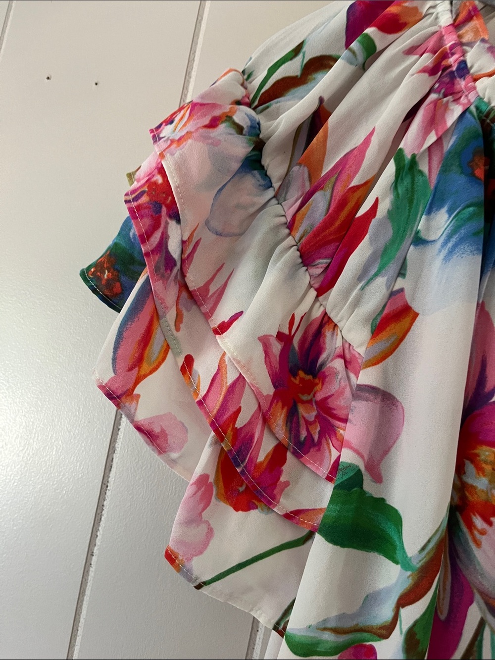 Floral Ruffled Off-Shoulder Women's Top - White/Multi - Picture 4 of 6